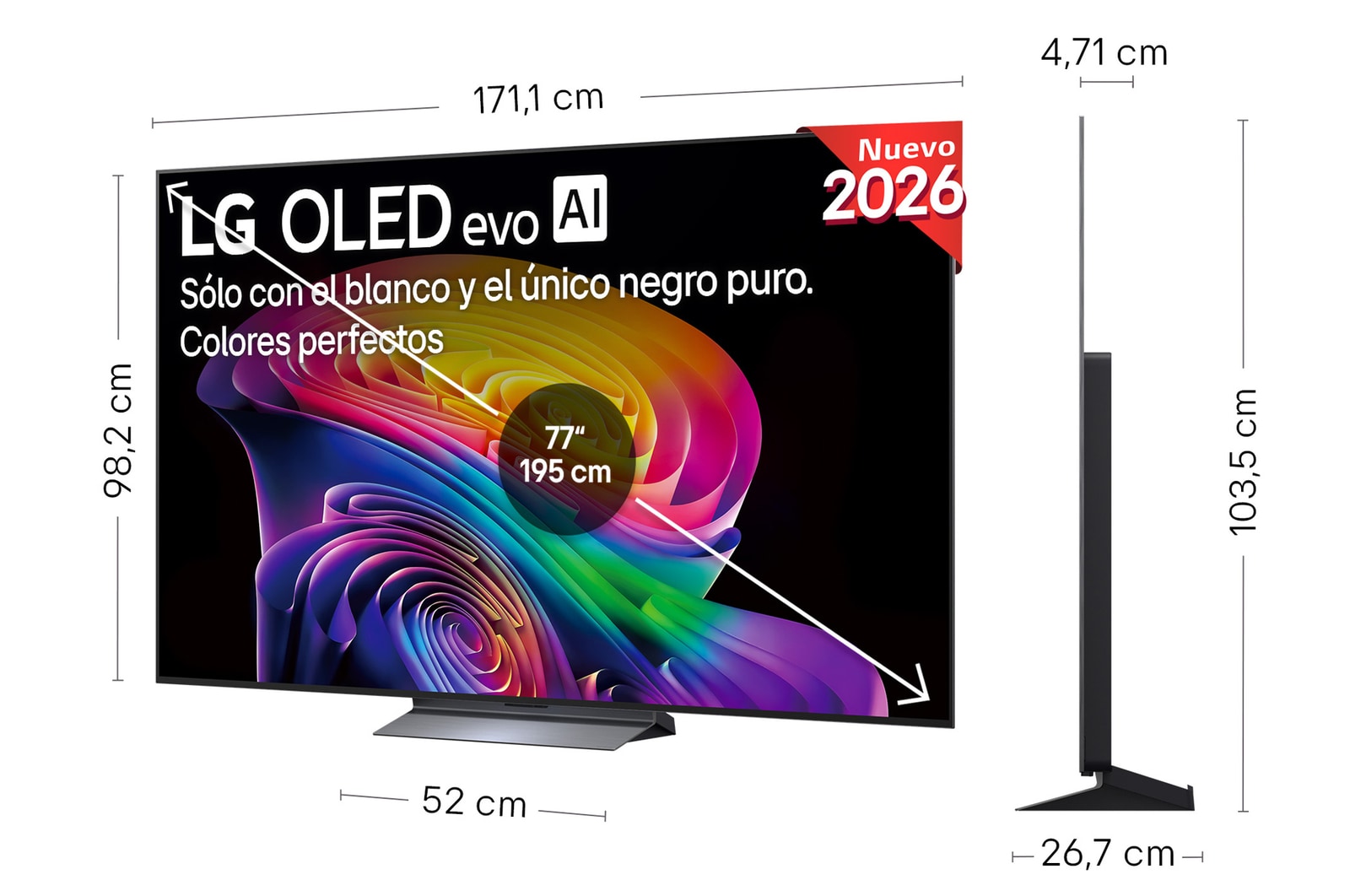 LG OLED evo AI C6 shown in front and side views highlights a 77-inch display with a 1711 mm-wide screen, an overall height of 982 mm, and an ultra-slim 47.1 mm depth without a stand.